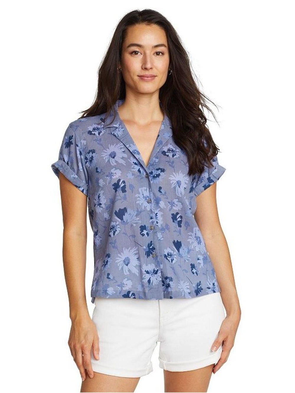 Eddie Bauer Packable Camp Shirt Short Sleeve Button Up Floral Print Blue XL